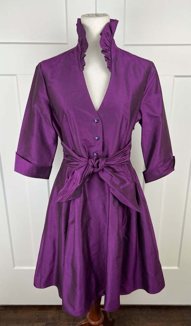 Flores & Flores 100% Silk Purple Fit Flare Dress 8 Ruffle Collar Sash Cocktail